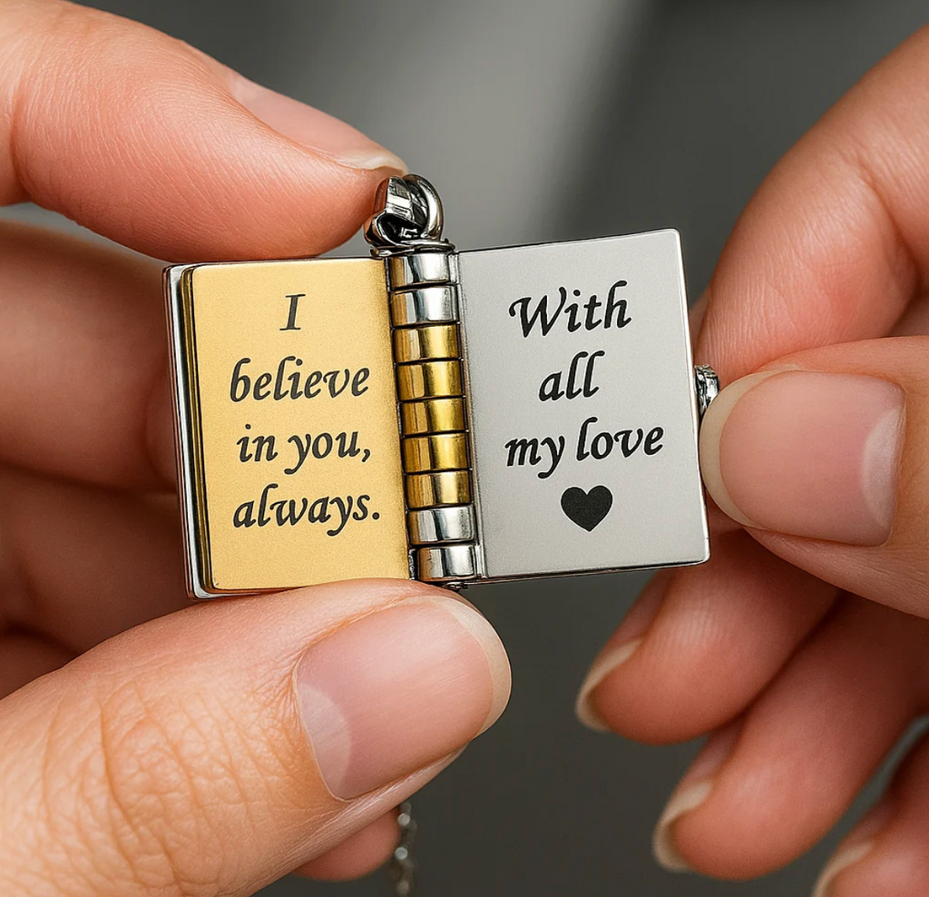 The Champion locket opened to the page reading I believe in you, always