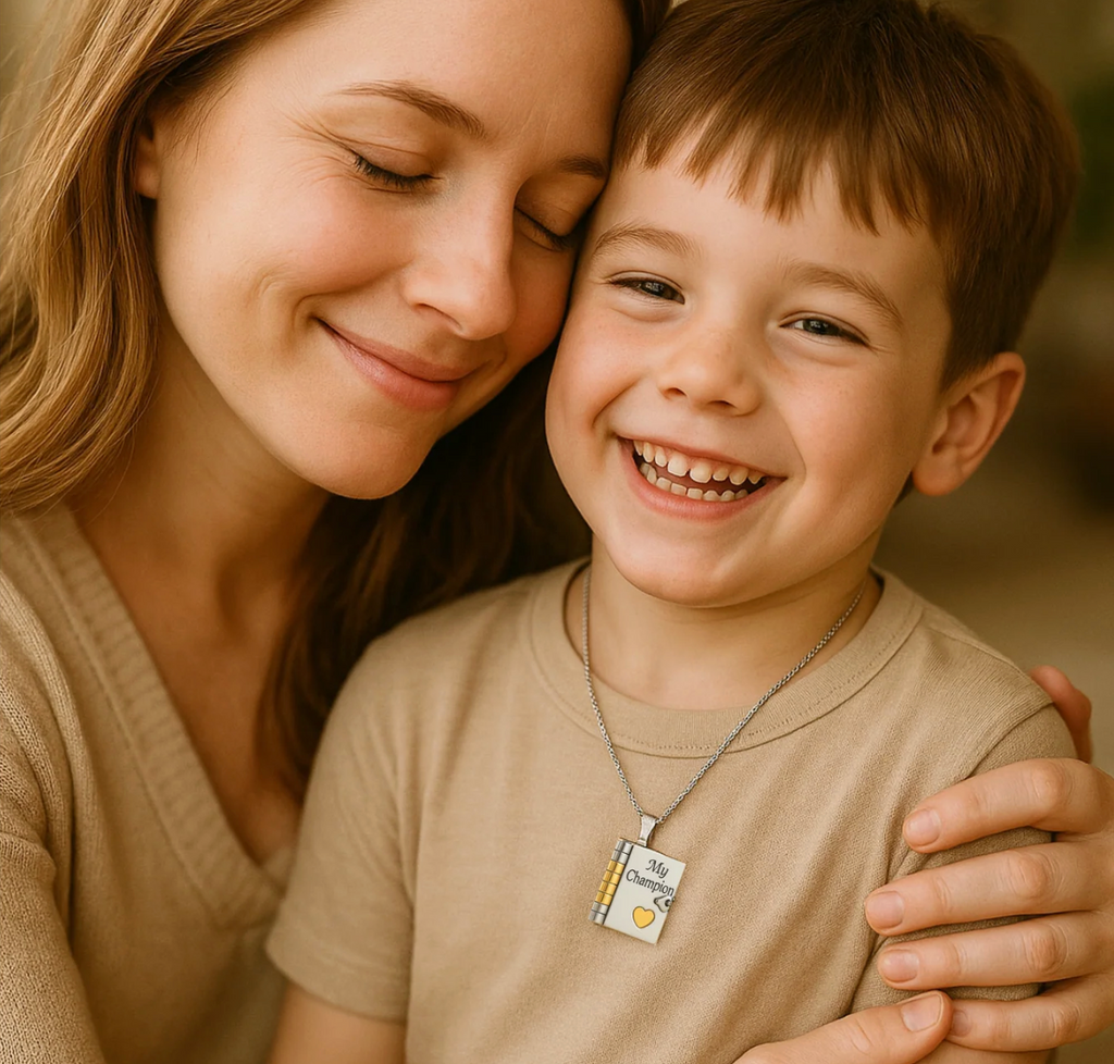 A boy wearing The Champion book locket necklace beside his mother