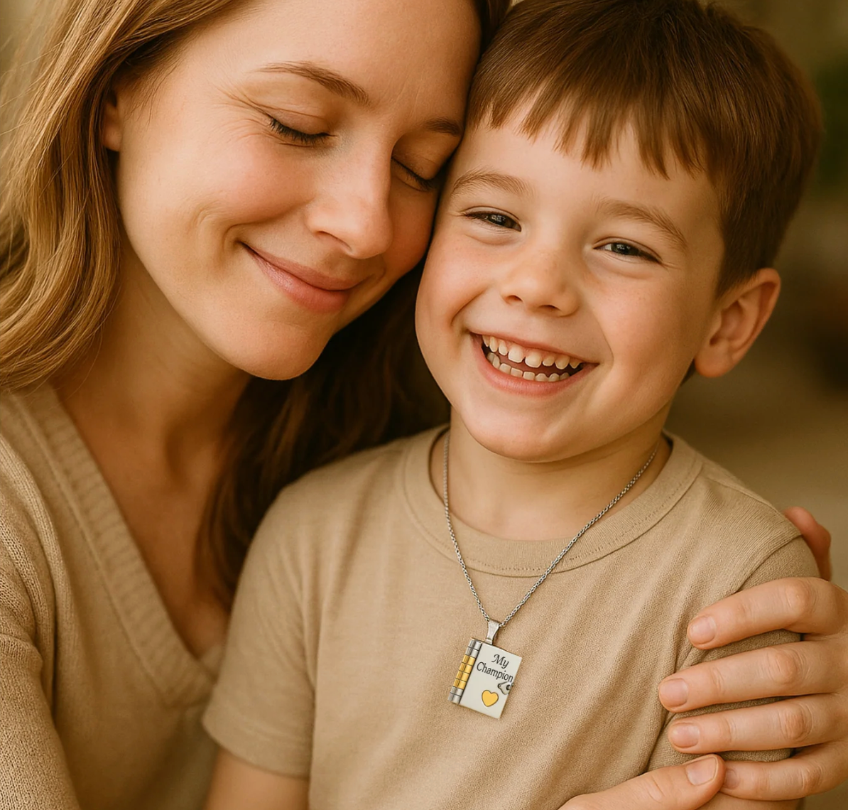 A boy wearing The Champion book locket necklace beside his mother