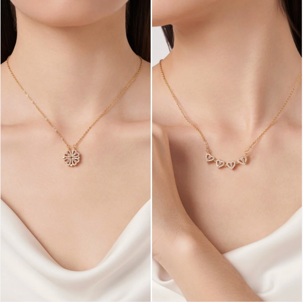 The Clover shown both ways: clover pendant and four hearts in a row