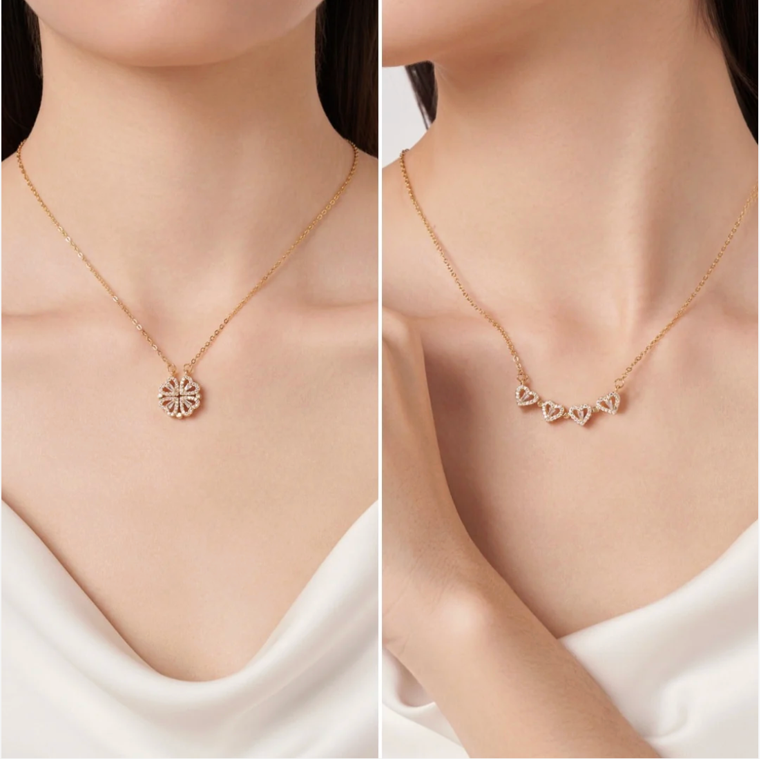 The Clover shown both ways: clover pendant and four hearts in a row