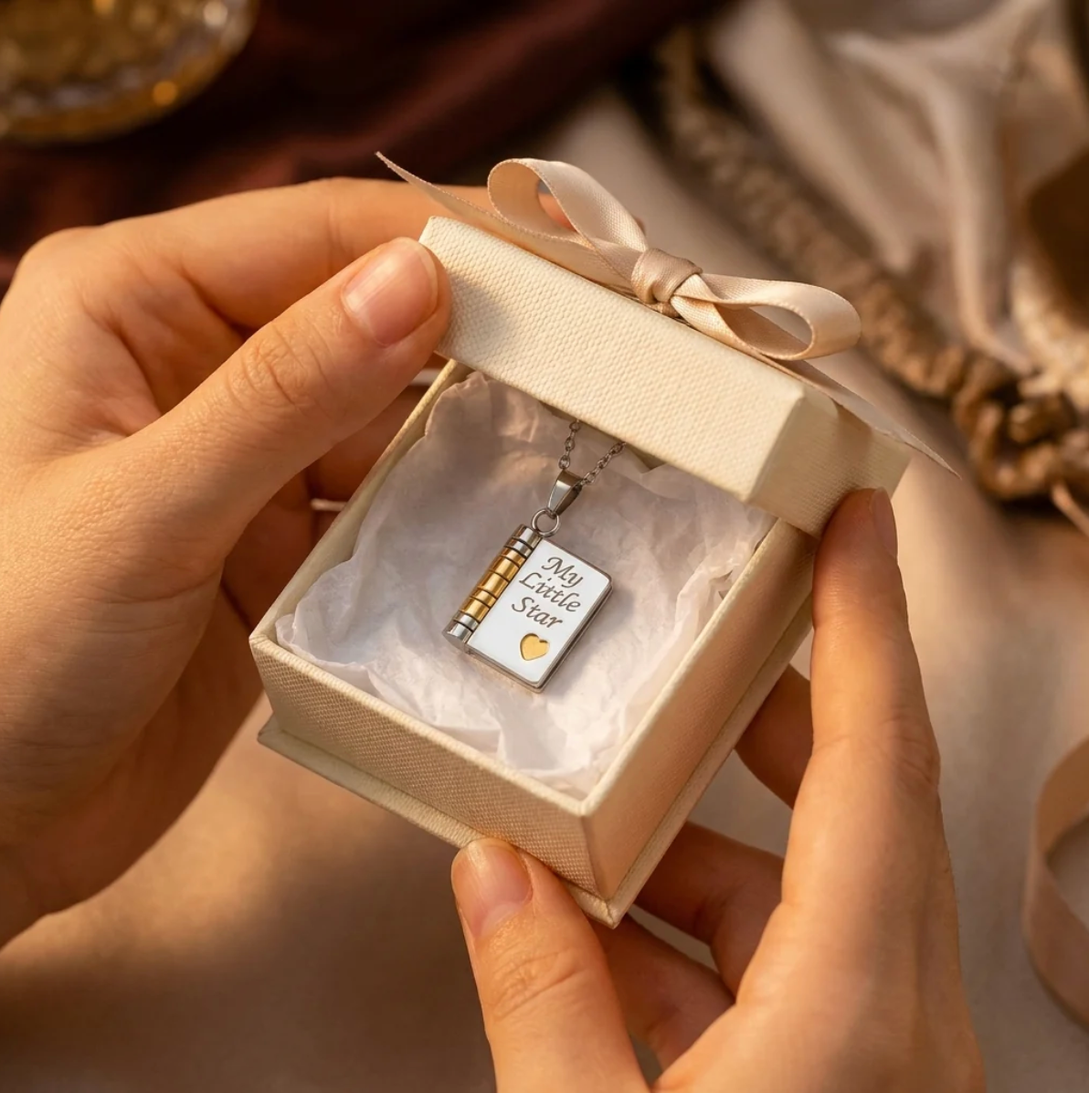 The Little Star necklace presented in a ribbon-tied gift box