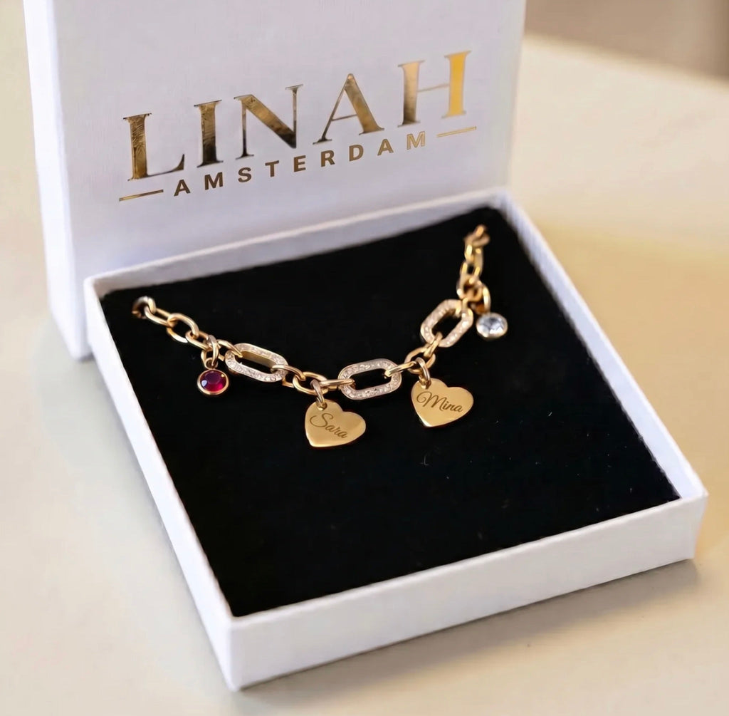 The Amara heart bracelet worn on a wrist