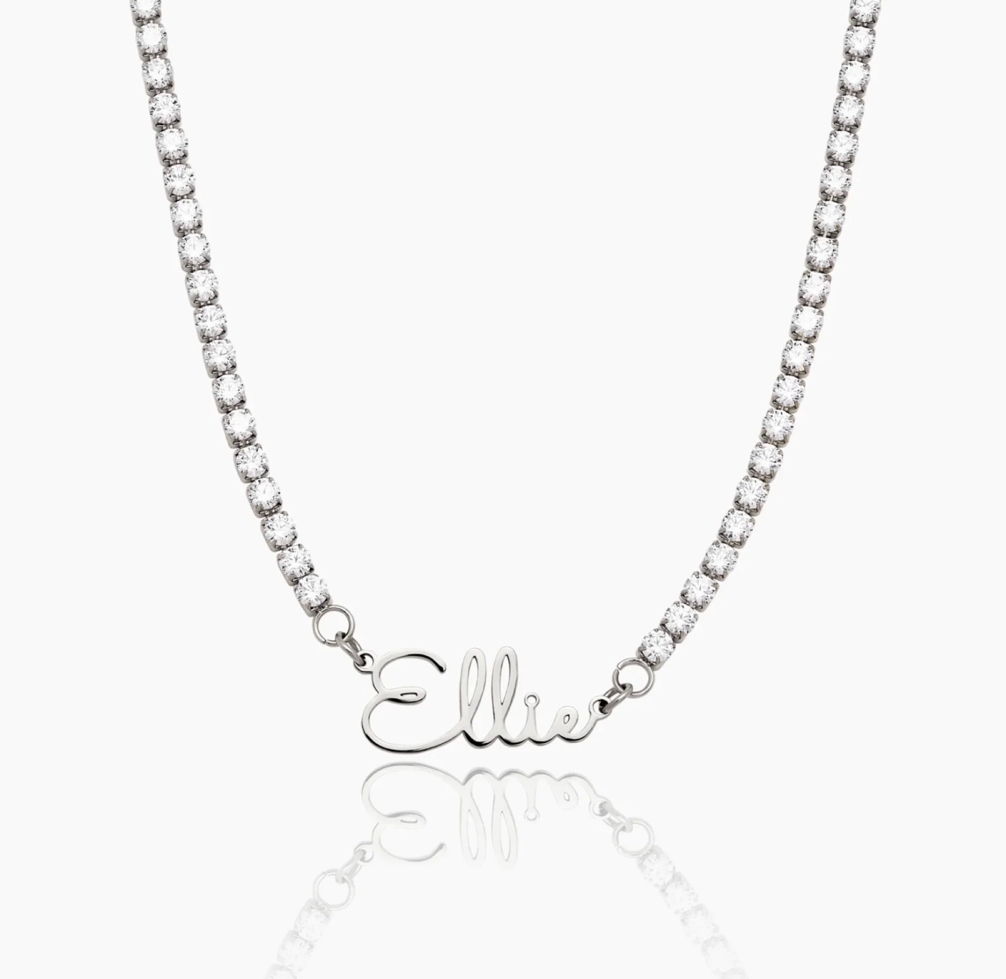 The Celeste pearl name necklace — on model